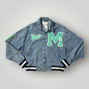 ASOS DESIGN boxy fit denim bomber varsity jacket-Blue sz L